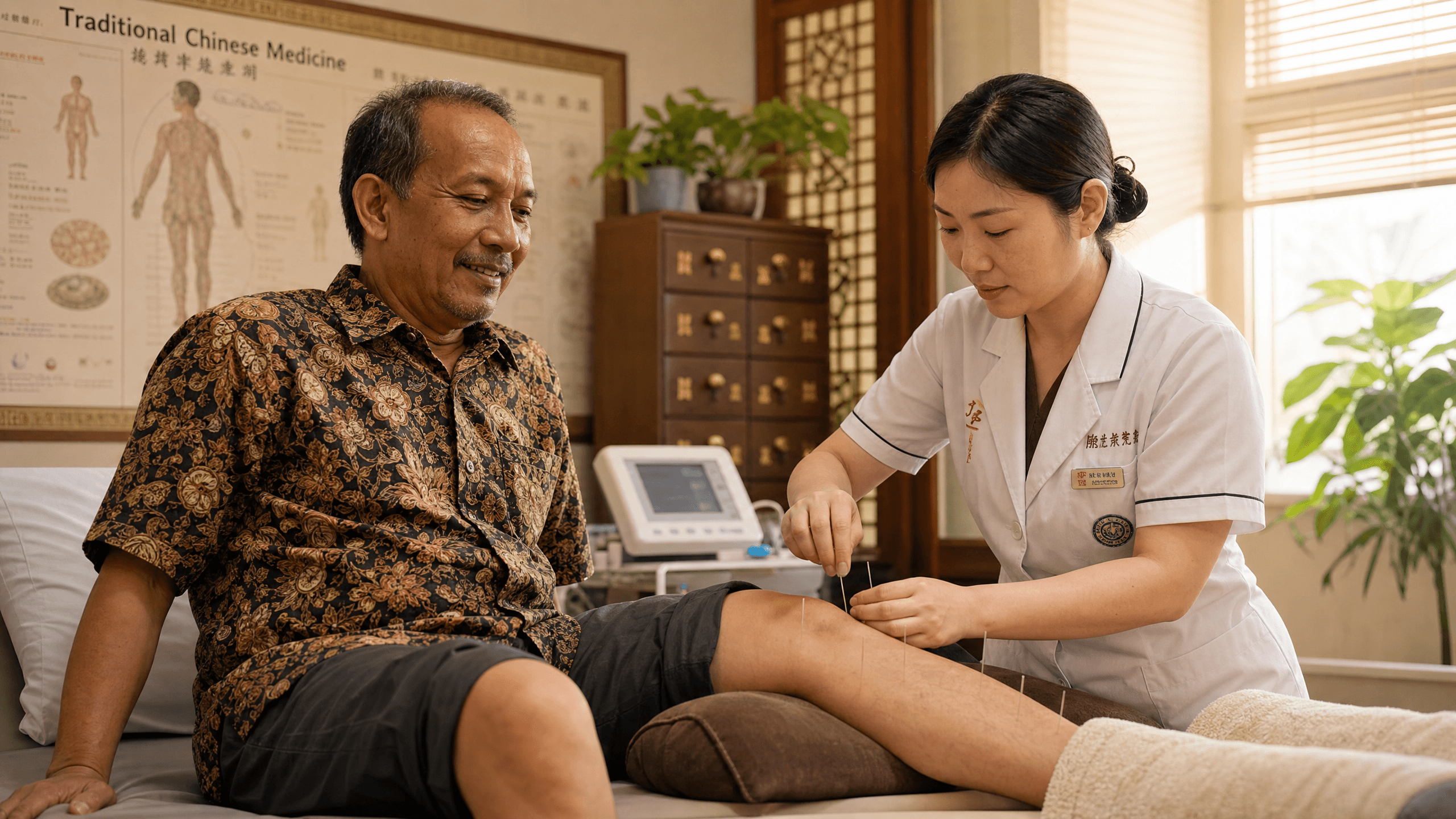 Indonesian patient receiving TCM acupuncture treatment